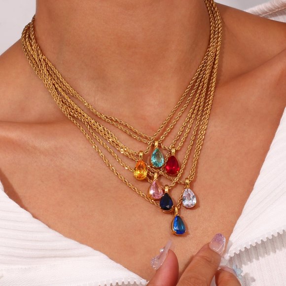 Zircon Water Drop Pendant Necklace Rope Chain 18K Gold Plated Birth Stone - Picture 4 of 6